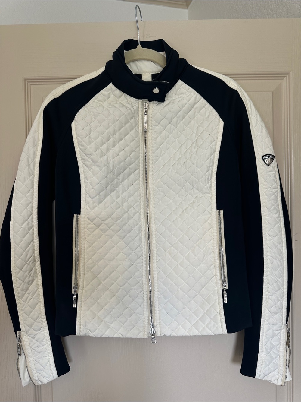 Women's White and Black Quilted Ski Jacket- Post Card